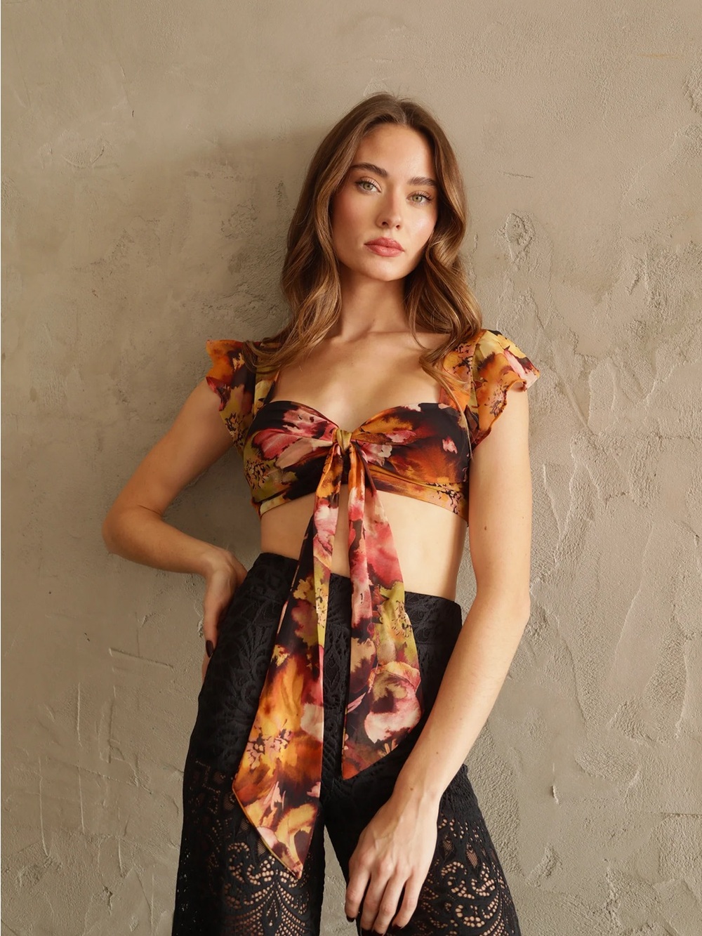 Nightcap Free People hibiscus boho beachy chiffon flutter crop top bra XS S